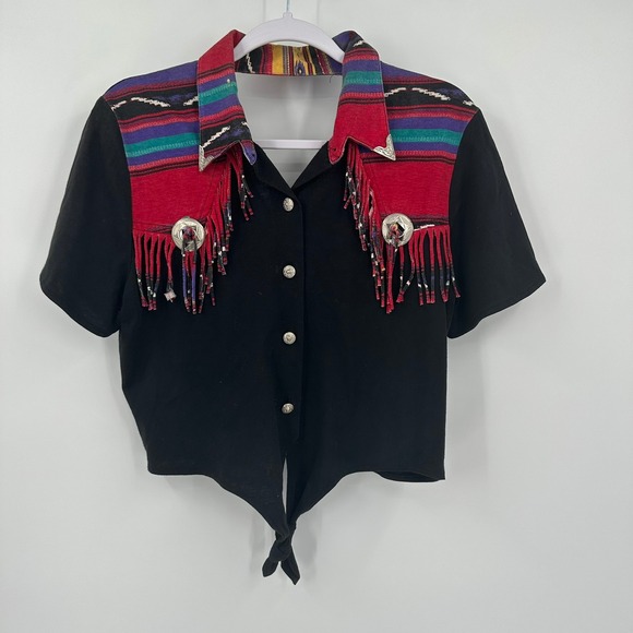 Ozark Mountain Jean Company Tops - Womens Western Cropped Top Size M Concho Fringe Cutout Back Cowgirl Southwest